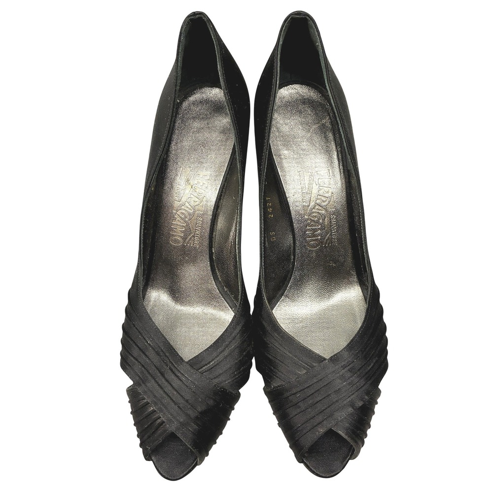 Salvatore Ferragamo Peep Toe Pumps Women's 9B Black Satin Pleated Evening
